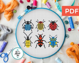 Entzückende Käfer Kreuzstichmuster, niedliches Käfer Stickmuster für die Wandkunst, Käfer Natur Kreuzstichvorlage, Insekten Stickerei