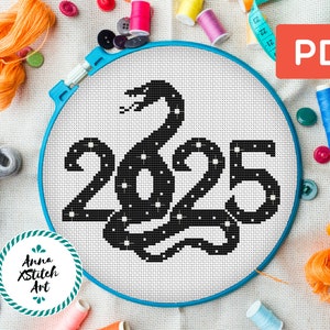 Schema punto croce serpente, ricamo serpente anno 2025, punto croce in bianco e nero, facile per principianti, PDF istantaneo, sagoma di serpente