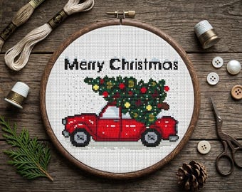 Merry Christmas Cross Stitch Pattern PDF, Vintage Red Car with Tree Embroidery Chart, Holiday Red Truck Xstitch
