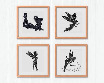 妖精のシルエットのクロスステッチパターンセット（白黒） • 魔法のファンタジー刺繍デザイン • 印刷可能なPDFクラフトセット