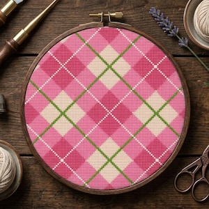Rosa Argyle Kreuzstich Stickmuster PDF, Moderne Preppy Geometrische Stickerei, Pastell Raute Diamant Handarbeiten