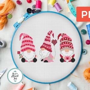 Valentine Gnomes Cross Stitch Pattern: Love-Themed Embroidery (PDF Download)