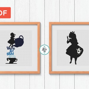 Alice cross stitch pattern SET, primitive embroidery, hero of fairy tales, cartoon, silhouette, instant PDF, counted cross stitch chart