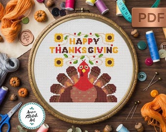 Thanksgiving Truthahn Kreuzstich-Muster: Herbst-Stickerei (PDF-Muster)