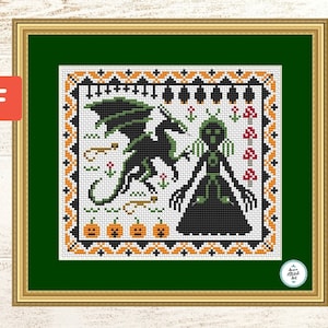 Schema punto croce "Witch Primitive Sampler", ricamo di Halloween di ispirazione vintage, punto croce Baba Yaga, facile per principianti