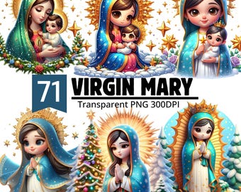 Virgin Mary of Guadalupe Kawaii Clipart Bundle, Holy Mother Digital 71 PNGs Files, Transparent Background Religious Art Printable Set