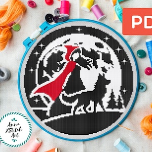 Patrón de punto de cruz de Caperucita Roja y el Lobo en blanco y negro con fondo de bosque de luna llena – Diseño de bordado moderno en PDF