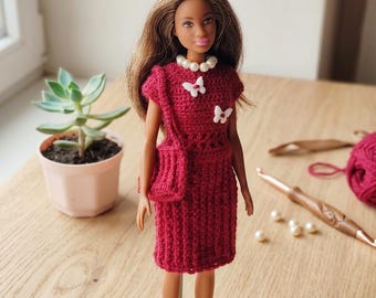 Crochet Doll clothes pattern, outfit for small doll 11-12 inch, doll dress crochet, doll purse crochet, English crochet pattern