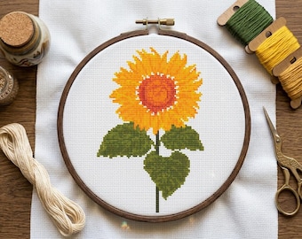 Modèle de point de croix tournesol, grille de broderie botanique rustique pour décoration de ferme, fleur d'été Xstitch