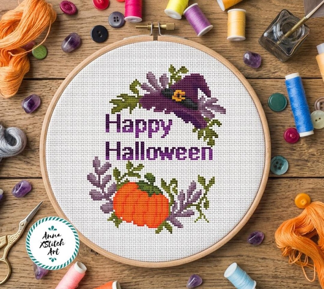 Happy Halloween Cross Stitch Pattern PDF, Modern Pumpkin and Witch Hat ...