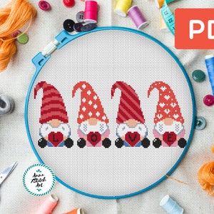 Patrón de punto de cruz de gnomos de San Valentín con corazones y letras de amor (PDF), bonito diseño de bordado de gnomos para parejas, regalo DIY