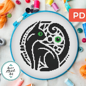 Black cat cross stitch pattern, cat modern counted cross stitch, cute cat embroidery, instant download PDF, cat abstract cross stitch