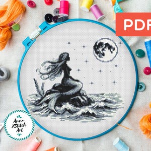 Mermaid cross stitch pattern, Black and white cross stitch, Ocean cross stitch, Hero of fairy tales, Cartoon cross stitch, Moon embroidery