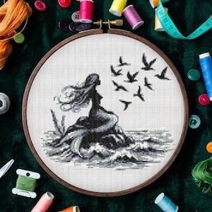 Mermaid Cross Stitch Pattern: Black and White Fairy Tale Art (Instant PDF Download)