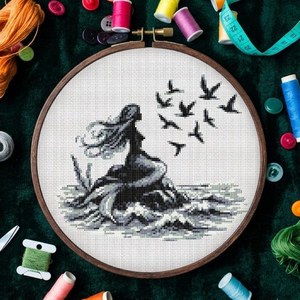 Mermaid Cross Stitch Pattern: Black and White Fairy Tale Art (Instant PDF Download)