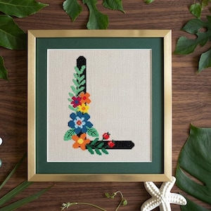 Floral Letter L Cross Stitch Pattern, Botanical Monogram Embroidery Chart for Personalized Gift, Modern Wildflower Alphabet Xstitch