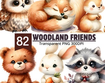 Watercolor Woodland Friends Kawaii PNG Bundle with 82 Forest Animals for Sublimation, Scrapbooking, Stickers, Kids Decor, Crafts