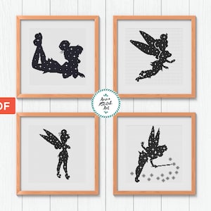 Set di schemi per punto croce con fata, ricamo magico primitivo, eroe delle fiabe, cartone animato, silhouette, PDF istantaneo, arredamento per bambini, principiante