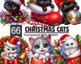 Christmas Cat Clipart | 3D Kawaii Kitten PNG Bundle (Digital Download), Commercial Use