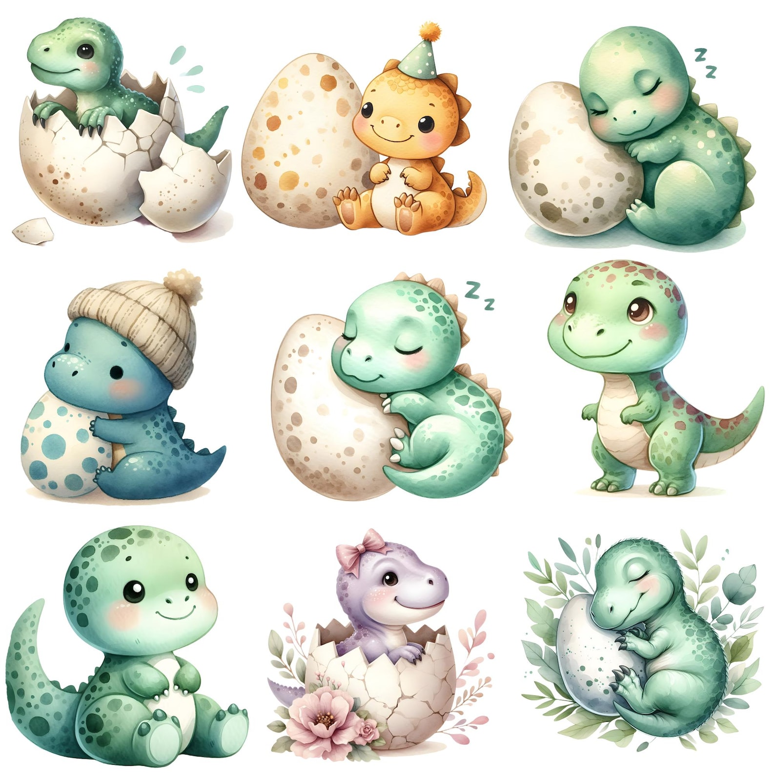 Watercolor Baby Dinosaur Clipart PNG Bundle 70 Designs T Rex Dino Egg ...