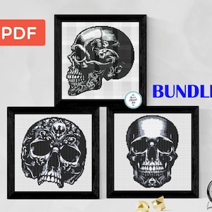 Skull Cross Stitch Pattern Bundle 3-in-1 Set PDF | Black and White Gothic Skull Cross Stitch Charts | Modern Halloween Skull Embroidery