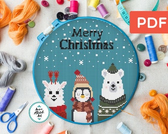 Christmas bear cross stitch pattern, modern counted cross stitch chart, holiday cross stitch, animals cross stitch cute, winter cross stitch