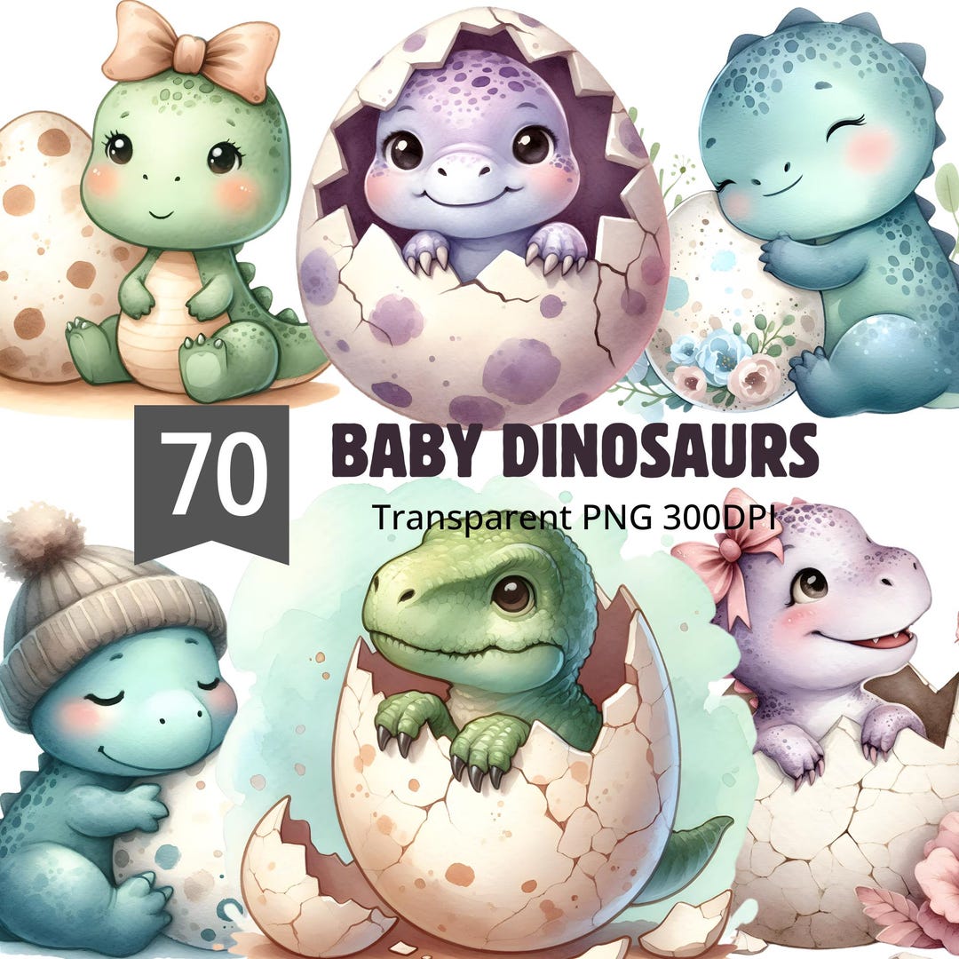 Watercolor Baby Dinosaur Clipart PNG Bundle 70 Designs T Rex Dino Egg ...