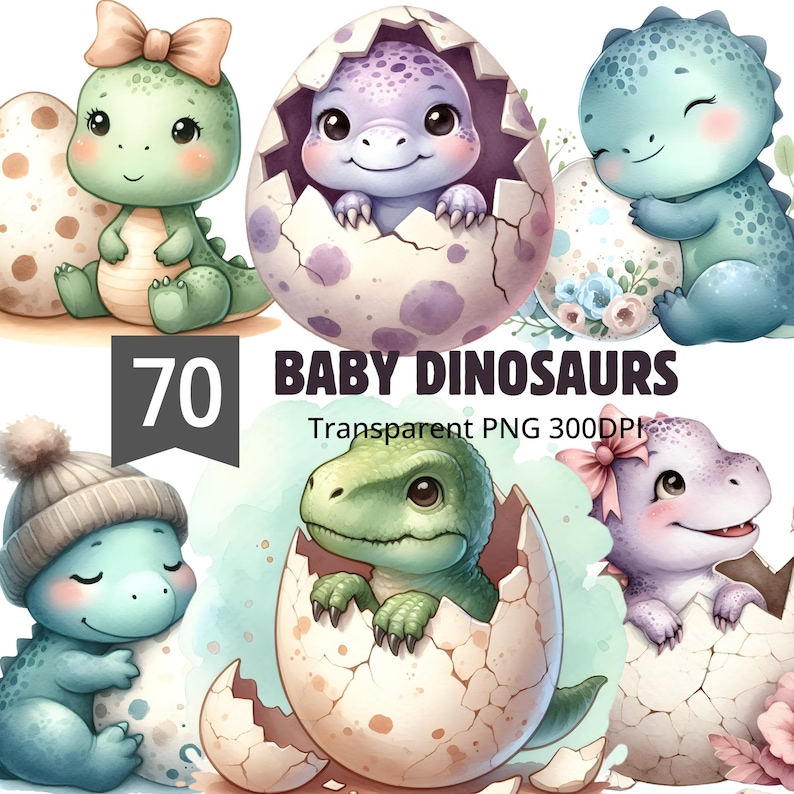 Watercolor Baby Dinosaur Clipart PNG Set, Dino Egg Sublimation Designs ...