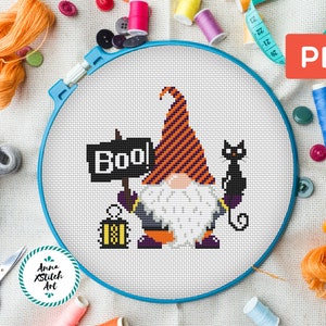Halloween Gnome with Black Cat Cross Stitch Pattern: Spooky Embroidery (PDF Pattern)
