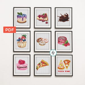Food cross stitch pattern set, macaron, cake, donut modern kitchen cross stitch, baking cross stitch chart, food embroidery pattern pdf