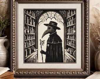 Plague Doctor Cross Stitch Pattern PDF, Dark Academia Gothic Apothecary Embroidery, Raven Alchemist Chart