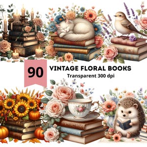 Peut inclure: Illustration numérique avec des piles de livres anciens ornés de fleurs, de bougies et d'un chat blanc endormi. L'image comprend un oiseau, une tasse à thé et un hérisson lisant un livre. Le texte "90 VINTAGE FLORAL BOOKS Transparent 300 dpi" est également présent.