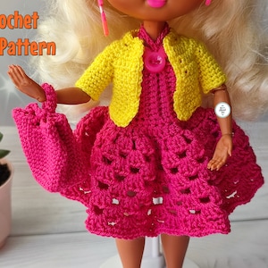 Puppenkleidung Häkelanleitung in Englisch, 23 cm Puppenkleidung, Outfit für kleine Puppe 23 cm, Kleid, Jacke und Handtasche für Puppen Häkelmuster