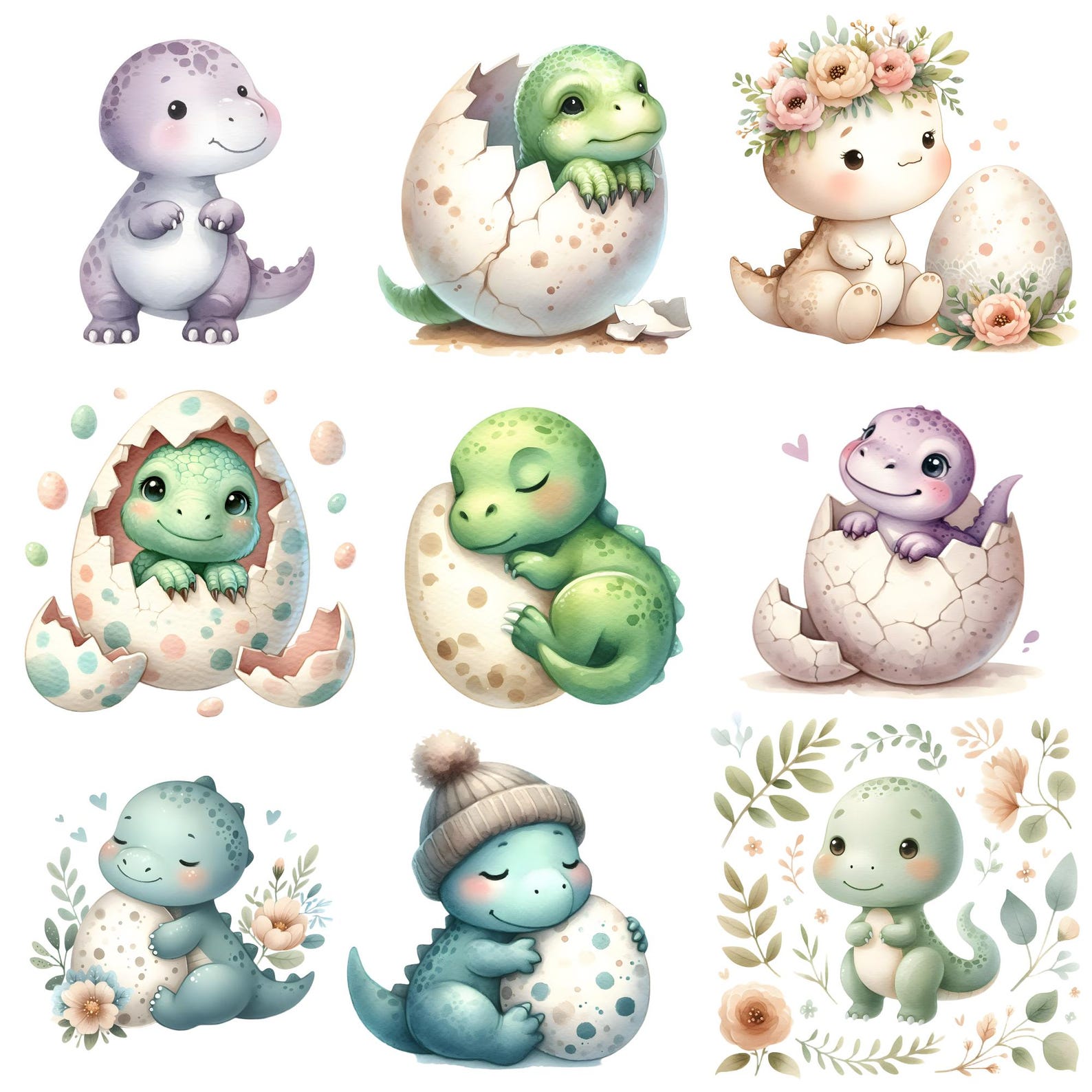 Watercolor Baby Dinosaur Clipart PNG Bundle 70 Designs T Rex Dino Egg ...