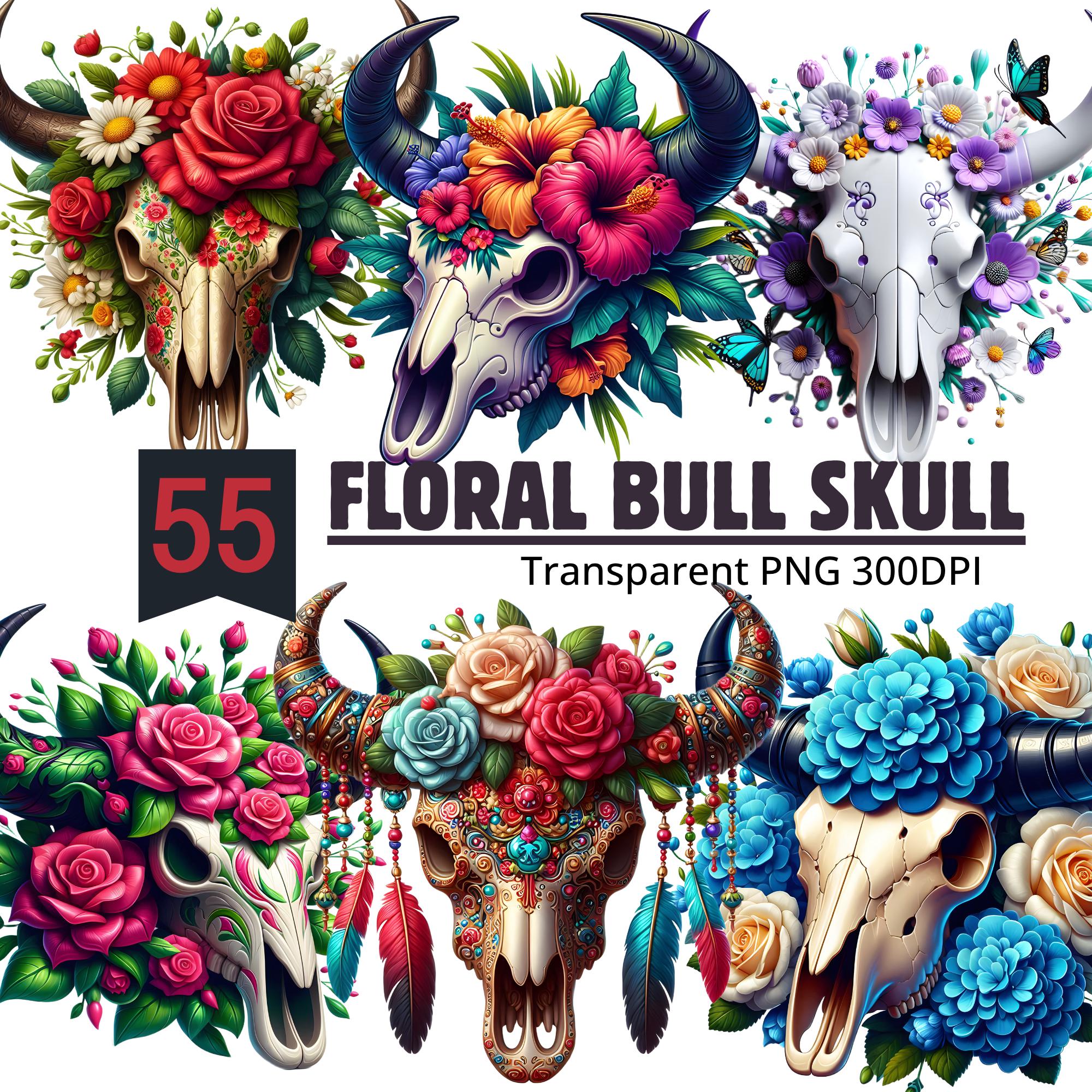 Floral Bull Skull Clipart Bundle With 55 Watercolor Boho Cow Skulls PNG ...