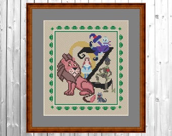 Modèle de point de croix PDF du Magicien d'Oz, Lion peureux, Dorothy, Toto, Épouvantail, Décoration murale pour chambre d'enfant inspirée d'un conte de fées