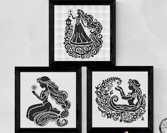 Rapunzel Cross Stitch Pattern Bundle with Silhouette Princess Embroidery Designs, Fairy Tale PDF Patterns for Modern DIY Needlework Decor