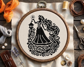 ラプンツェルのクロスステッチパターン：白黒のおとぎ話の刺繍（PDFパターン）