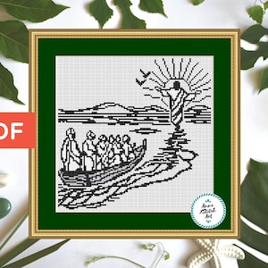 May include: Black and white cross stitch pattern of Jesus walking on water with people in a boat. The pattern is in a green frame with a white background.