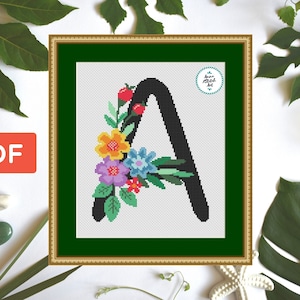 Patrón de punto de cruz con letra A floral, elegante monograma bordado, decoración botánica DIY, punto de cruz inicial, punto de cruz del alfabeto