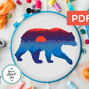 Bear Silhouette Sunset Cross Stitch Pattern: Nature Embroidery (PDF Pattern)