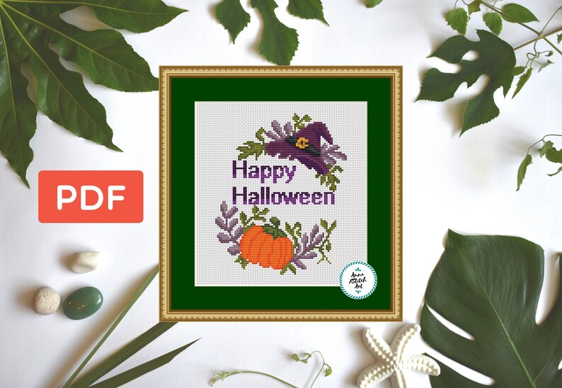 Happy Halloween Cross Stitch Pattern PDF, Modern Pumpkin and Witch Hat ...