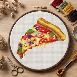 Realistic Pizza Slice Cross Stitch Pattern, Foodie Wall Art for Kitchen Decor, Modern Pepperoni Embroidery Chart, Funny Chef Gift