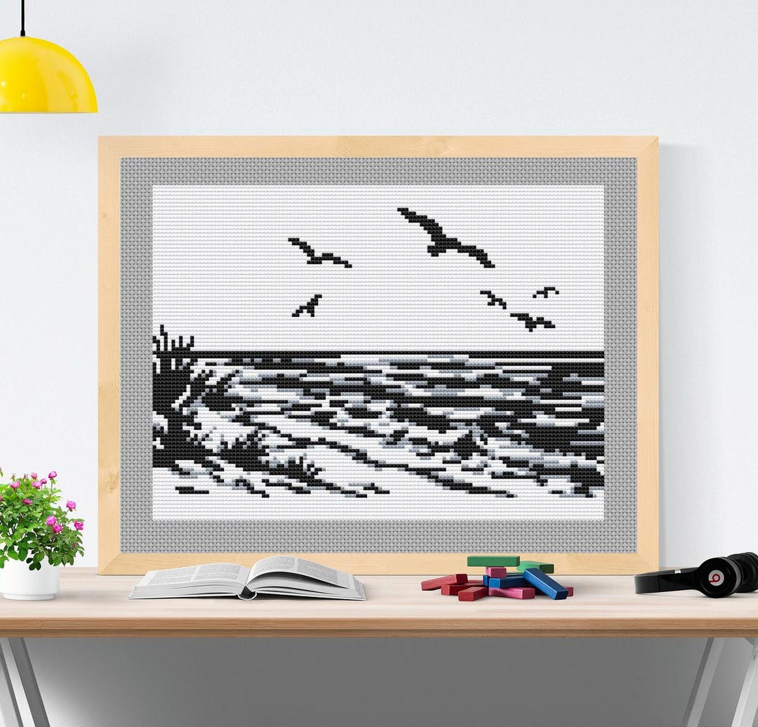 Sea Cross Stitch Pattern PDF, Modern Black and White Ocean Landscape ...
