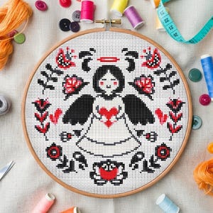 Angel Cross Stitch Pattern Redwork Folk Art Sampler Nordic Embroidery Primitive Memorial Decor DIY PDF Chart