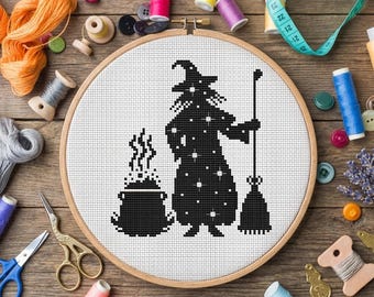 Witch Cross Stitch Pattern: Elegant Gothic Embroidery, Black and White Silhouette, Easy Beginner Pattern, PDF Instant Download