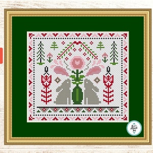 Süßes Häschen Primitive Sampler Kreuzstichmuster - rustikale Stickerei, Cottagecore Dekor, Instant Download PDF