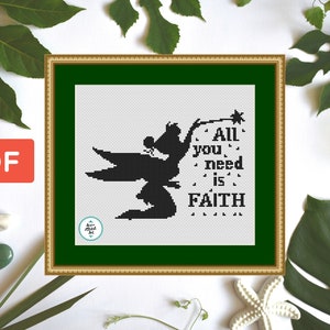Fairy cross stitch pattern, Black and White magic embroidery, Hero of fairy tales, cartoon cross stitch, Silhouette Fairy, Nursery decor