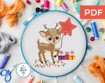 Christmas deer cross stitch pattern, modern counted cross stitch chart, baby animal, easy embroidery design, christmas ornament, instant PDF