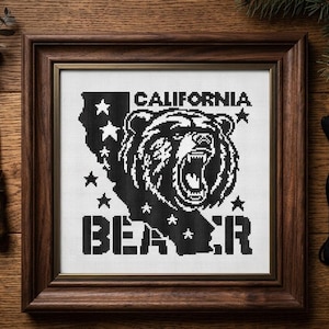 California State Cross Stitch Pattern PDF, Grizzly Bear Embroidery Design, West Coast Map Wall Art, Modern Monochrome Silhouette Chart